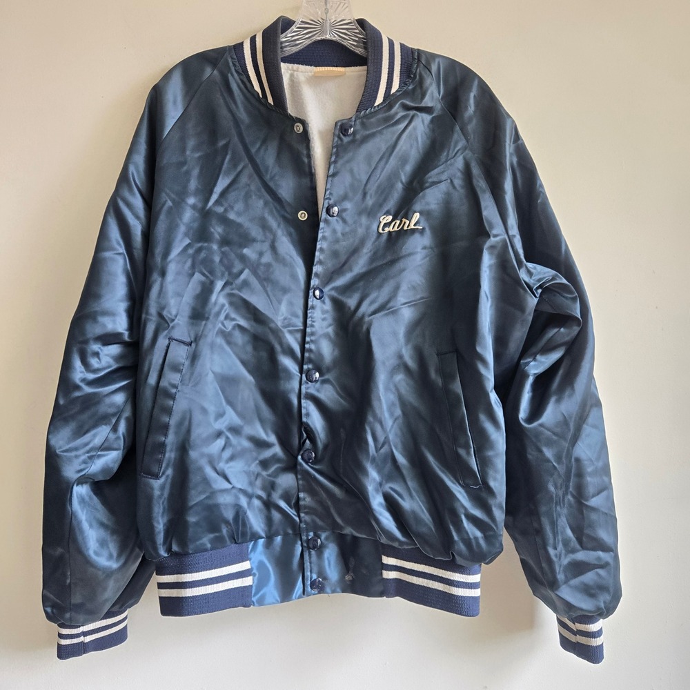 Auburn Sportswear Large Bomber Jacket Mens Navy Blue Fair Vintage Braves Carl